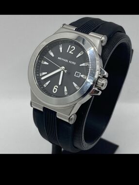 Michael Kors Women's Silver Case Black Dial Watch with Black Strap